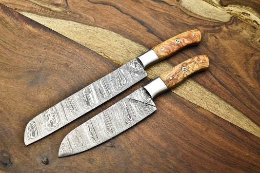 Lot of 2 Handmade Damascus Steel Blade Chef Set Knives