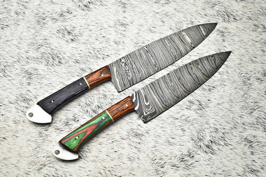 Lot of 2 Handmade Damascus Steel Blade Full Tang Chef Knife Set