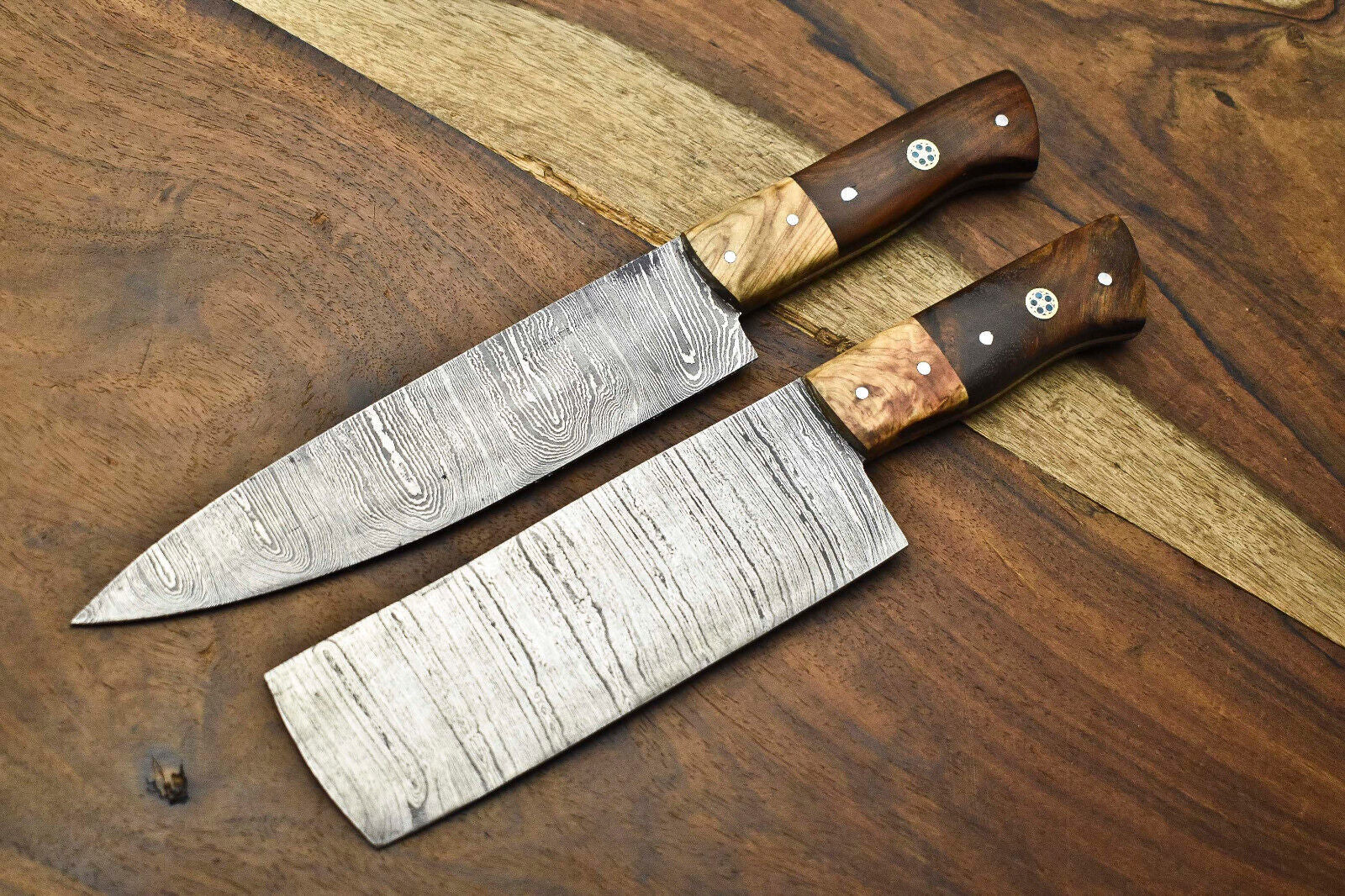 Lot of 2 Handmade Damascus Steel Chef Knife Set –Forged Kitchen Knives