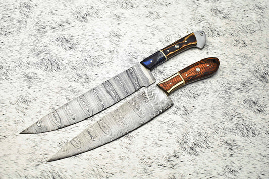 Lot of 2 Handmade Damascus Steel Chef Knives | Custom Forged Blade Kitchen Knife Set