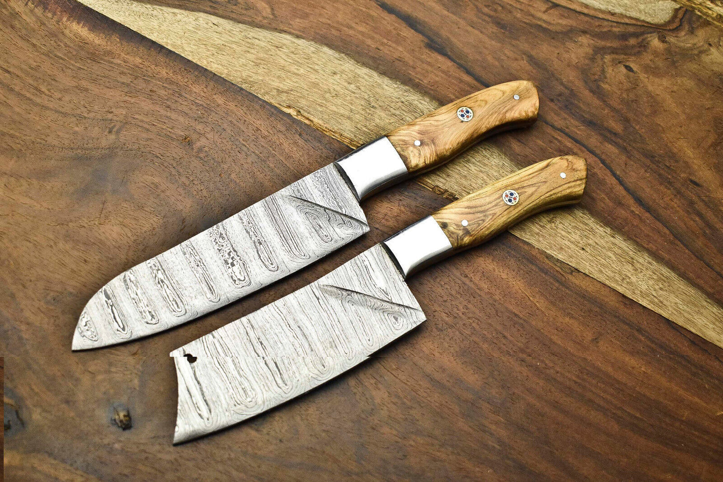Lot of 2 Handmade Damascus Steel Chef Knives | Full Tang Cutlery Set
