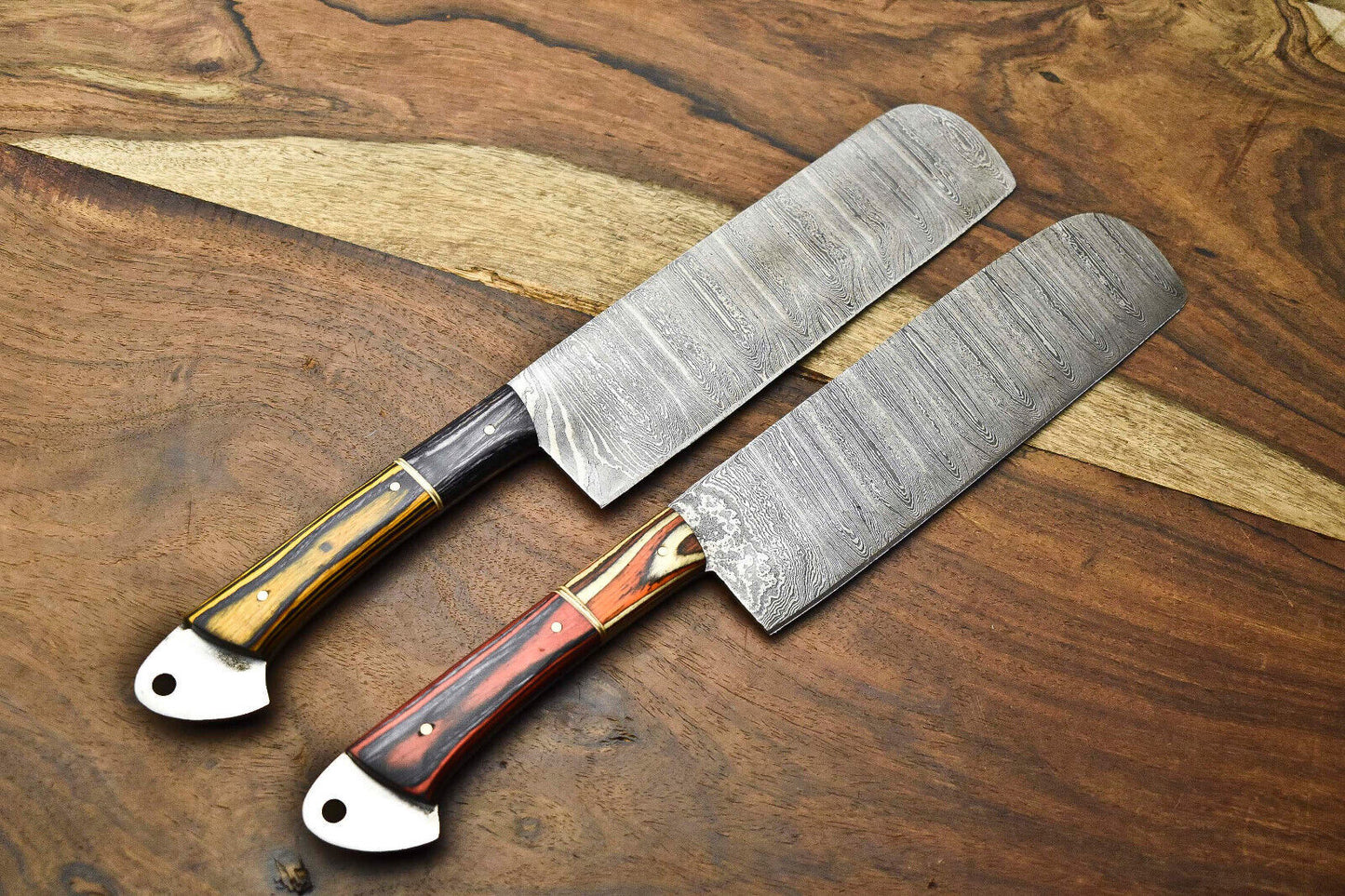 Lot of 2 Handmade Damascus Steel Chef Knives – Full Tang Kitchen Cutlery