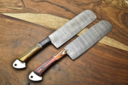 Lot of 2 Handmade Damascus Steel Chef Knives – Full Tang Kitchen Cutlery