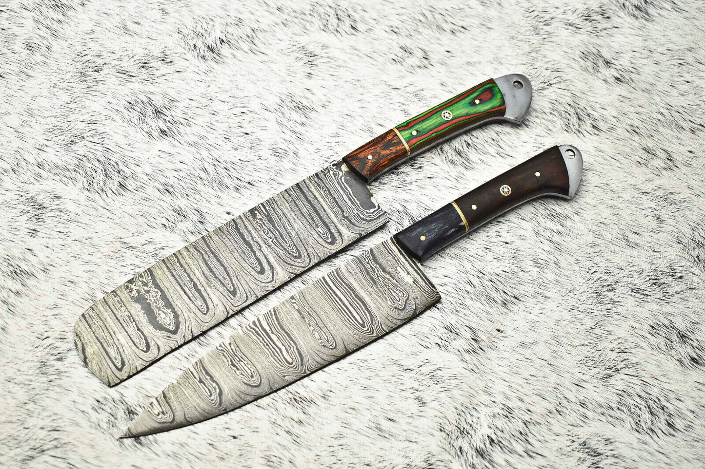 Lot of 2 Handmade Damascus Steel Chef Knives | Full Tang Kitchen Knife Set