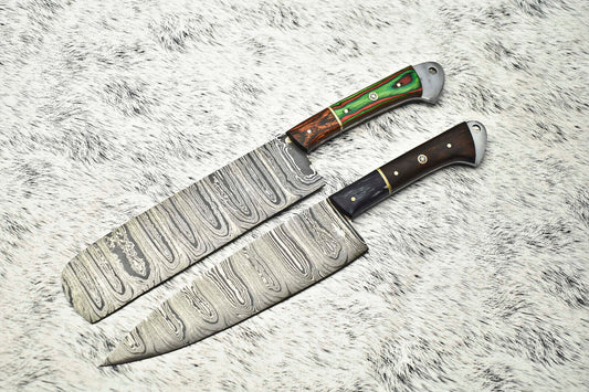 Lot of 2 Handmade Damascus Steel Chef Knives | Full Tang Kitchen Knife Set