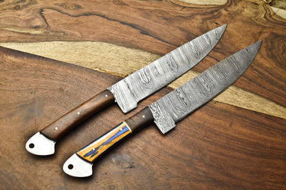 Lot of 2 Handmade Damascus Steel Chef Knives | Full Tang Kitchen Knive Set