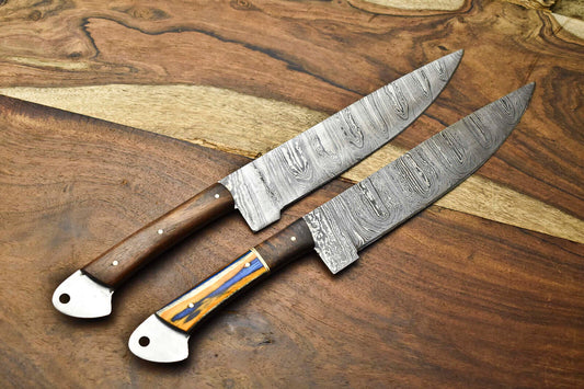 Lot of 2 Handmade Damascus Steel Chef Knives | Full Tang Kitchen Knive Set