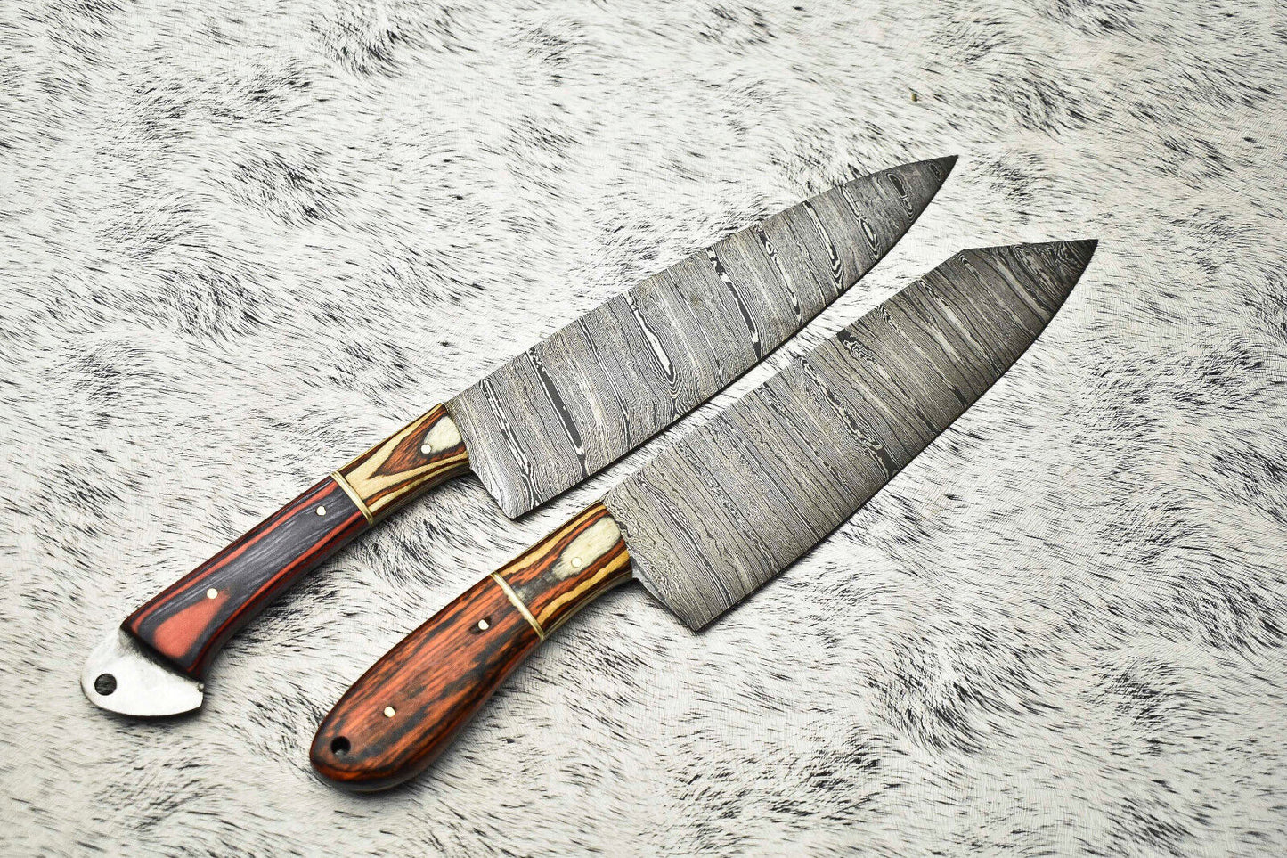Lot of 2 Handmade Damascus Steel Chef Knives – Full Tang Kitchen Set