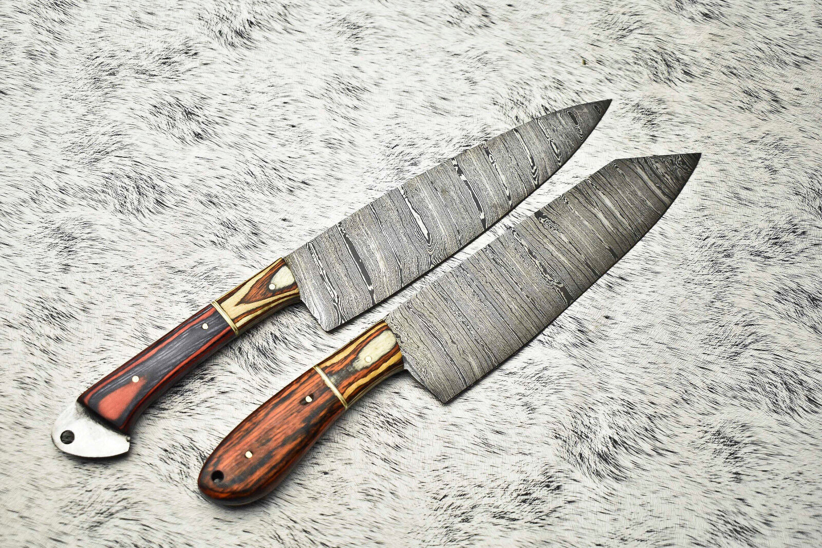 Lot of 2 Handmade Damascus Steel Chef Knives – Full Tang Kitchen Set