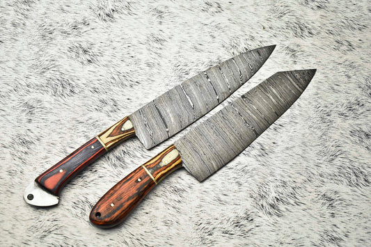 Lot of 2 Handmade Damascus Steel Chef Knives – Full Tang Kitchen Set