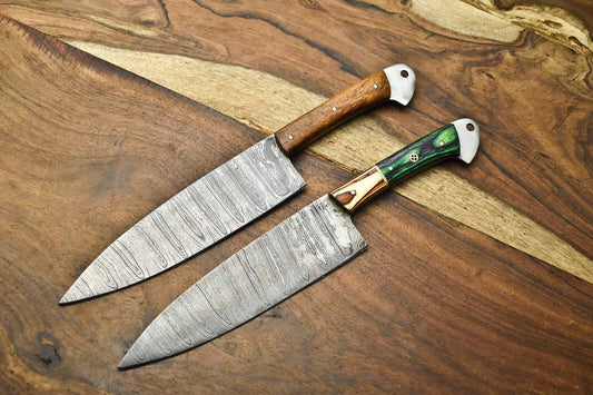 Lot of 2 Handmade Damascus Steel Chef Knives | Full Tang Set