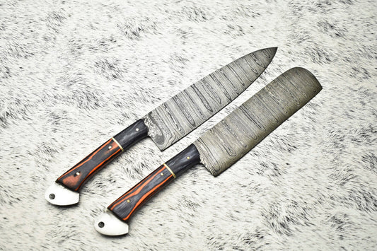 Lot of 2 Handmade Damascus Steel Chef Knives Set – Full Tang