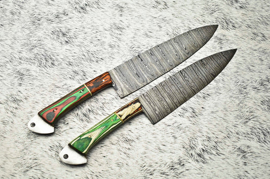Lot of 2 Handmade Damascus Steel Full Tang Chef Knives Set