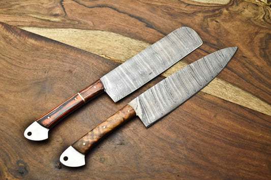 Lot of 2 Handmade Damascus Steel Full Tang Chef Knives Set – Custom Forged Kitchen Cutlery