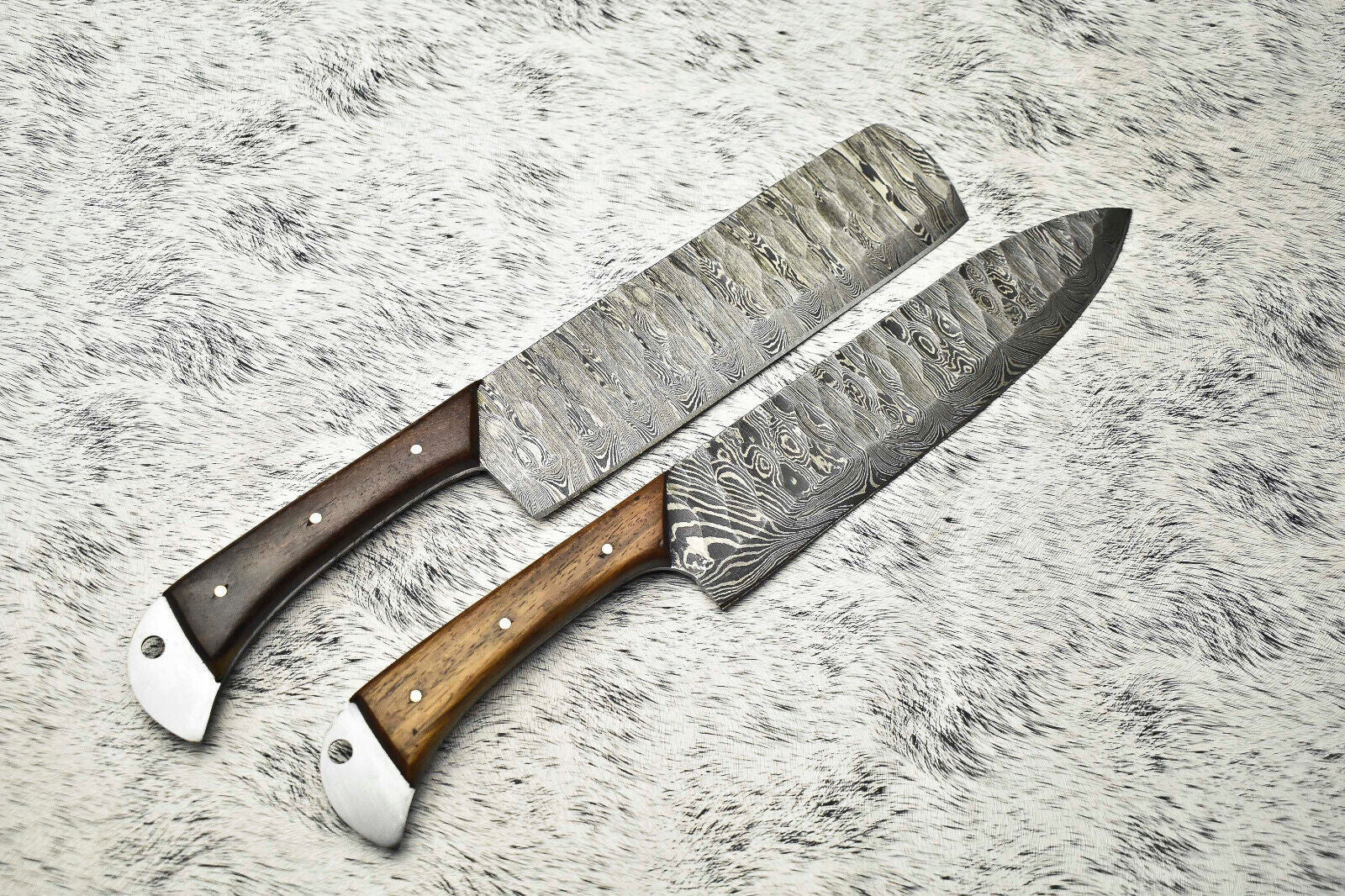 Lot of 2 Handmade Damascus Steel Full Tang Chef Knives Set – Premium Kitchen Knives