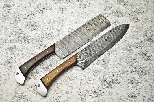 Lot of 2 Handmade Damascus Steel Full Tang Chef Knives Set – Premium Kitchen Knives