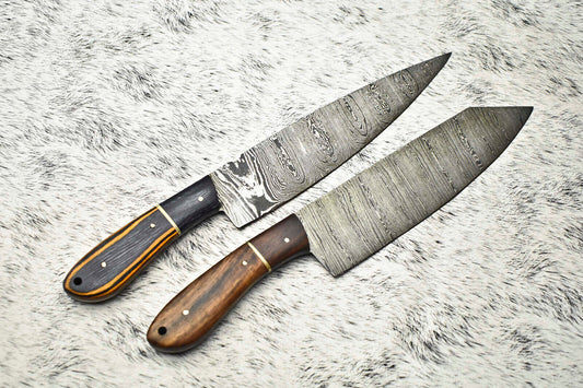 Lot of 2 Premium Handmade Damascus Steel Chef Knives – Full Tang