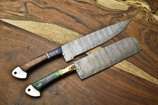 Lot of 2 Premium Handmade Damascus Steel Chef Knives – Full Tang, High Carbon, Razor Sharp