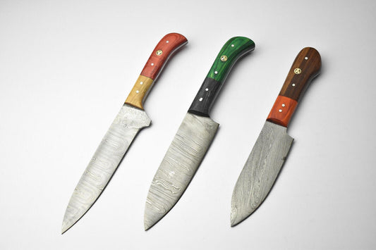 Lot of 3 Custom Handmade Damascus Steel Chef Knives – Full Tang Kitchen Knife Set