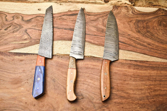 Lot of 3 Damascus Steel Full Tang Chef Knife Set – 384 Layers, Professional Kitchen Knives