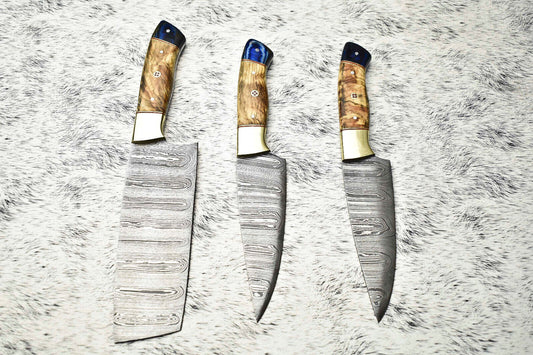 Lot of 3 Handmade Damascus Blade Full Tang Chef Knife Set – Premium Kitchen Cutlery