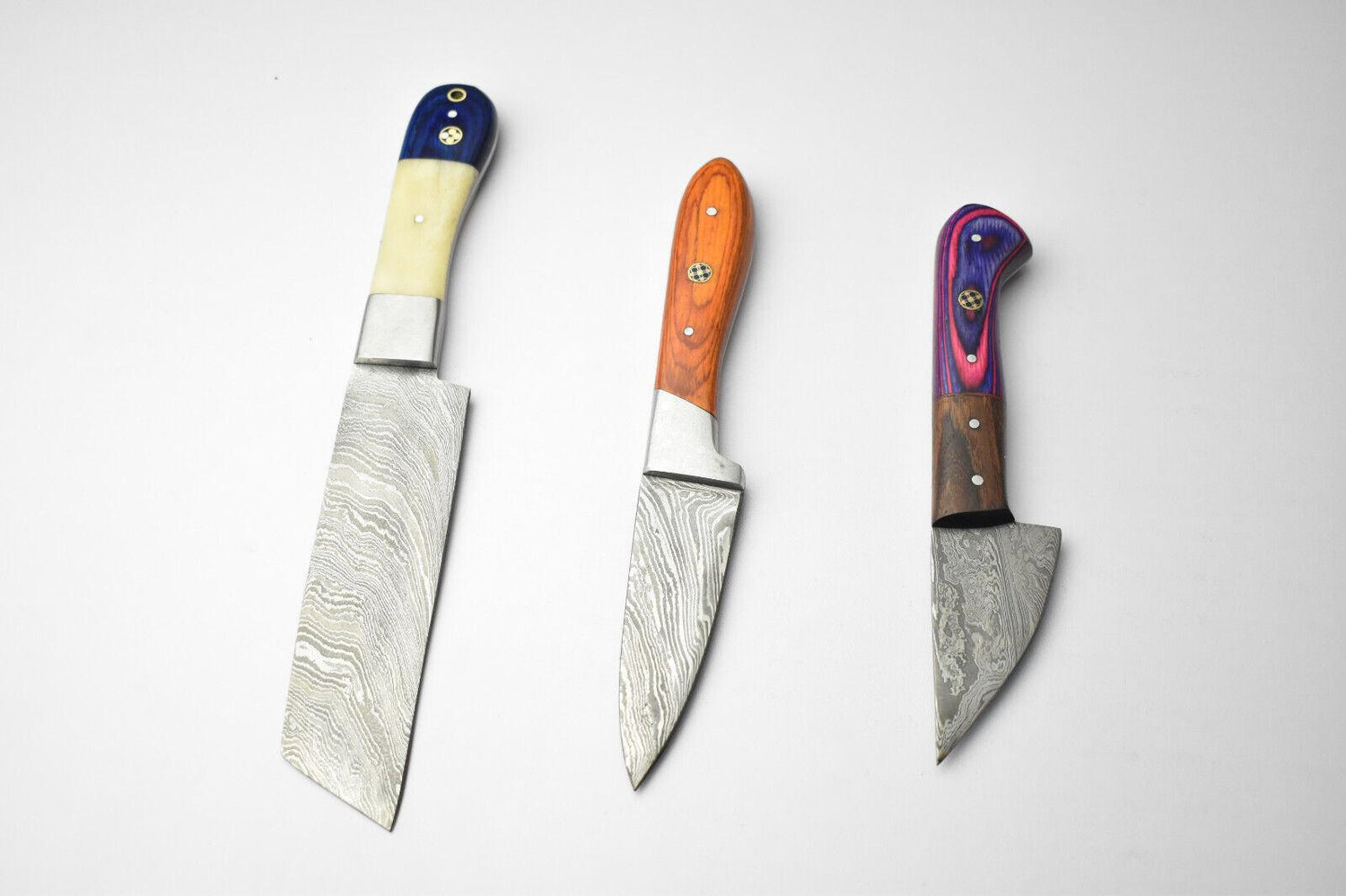 Lot of 3 Handmade Damascus Blade Full Tang Chef Knives – Premium Kitchen Knife Set
