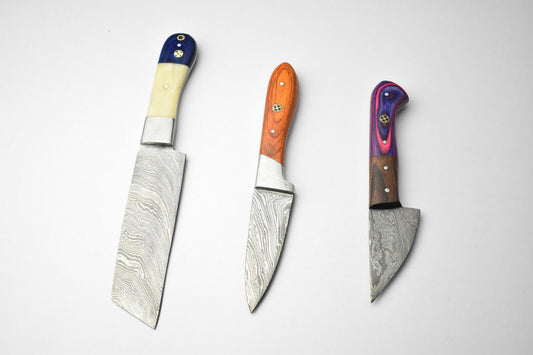 Lot of 3 Handmade Damascus Blade Full Tang Chef Knives – Premium Kitchen Knife Set