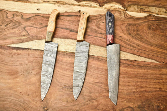 Lot of 3 Handmade Damascus Blade Full Tang Chef Set Knife