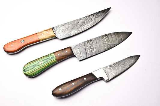 Lot of 3 Handmade Damascus Blade Kitchen Full Tang Chef Knives