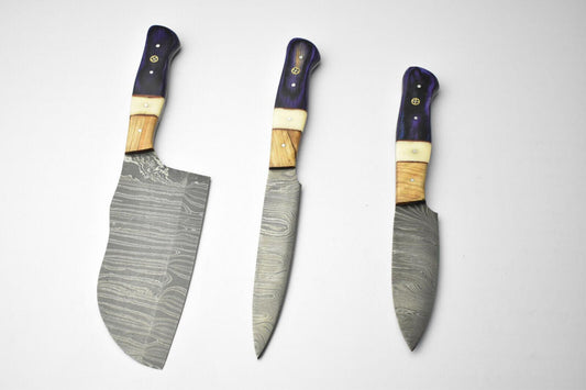 Lot of 3 Handmade Damascus Blade Kitchen Full Tang Chef Knives – High Carbon Steel, 384 Layer Forged Blades