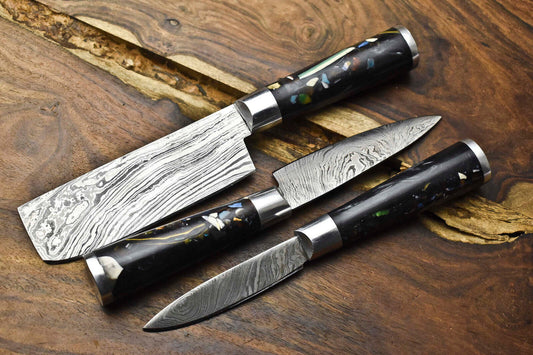 Lot of 3 Handmade Damascus Steel Blade Chef Knife Set – 100% Handmade