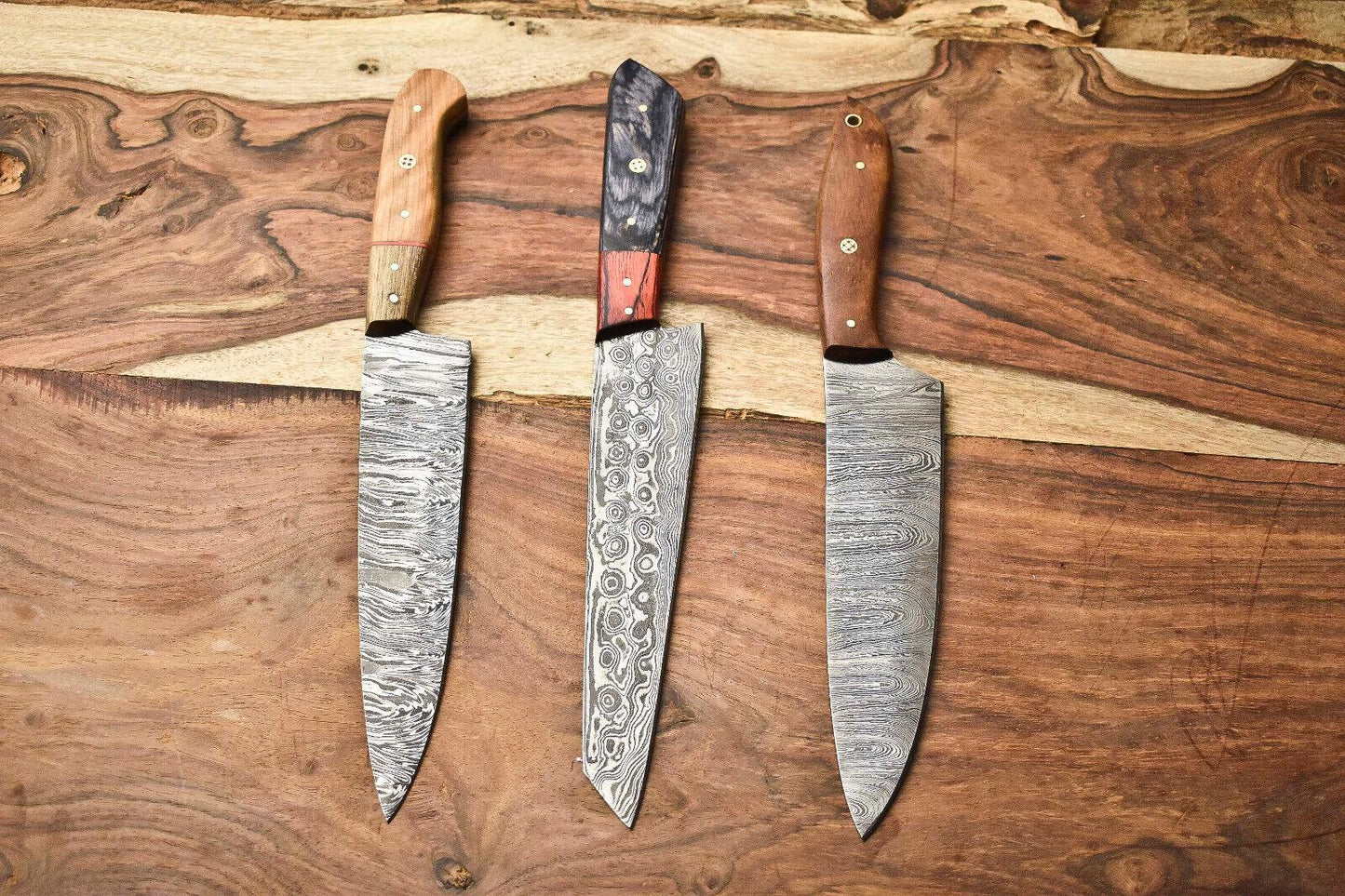 Lot of 3 Handmade Damascus Steel Blade Chef Knives | Full Tang