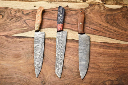 Lot of 3 Handmade Damascus Steel Blade Chef Knives | Full Tang