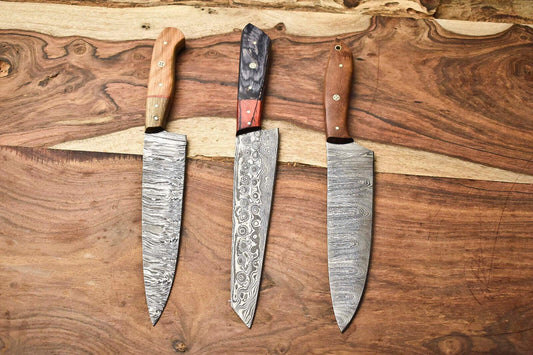 Lot of 3 Handmade Damascus Steel Blade Chef Knives | Full Tang