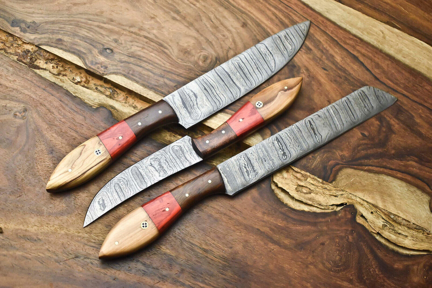 Lot of 3 Handmade Damascus Steel Chef Knife Set – Premium Full Tang Blades