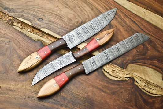 Lot of 3 Handmade Damascus Steel Chef Knife Set – Premium Full Tang Blades