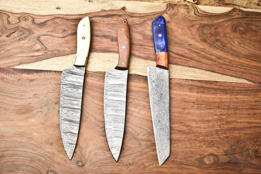 Lot of 3 Handmade Damascus Steel Chef Knives | Full Tang Kitchen Knife Set
