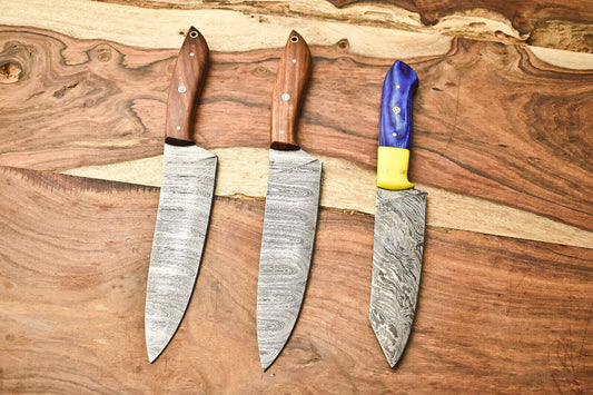 Lot of 3 Handmade Damascus Steel Full Tang Chef Knife Set – 384 Layers, Professional Kitchen Knives