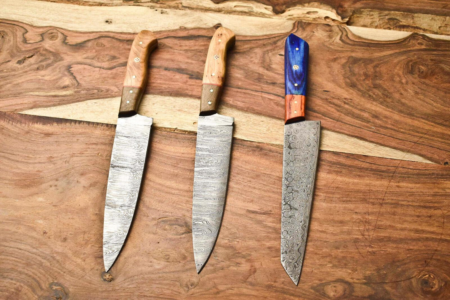 Lot of 3 Handmade Damascus Steel Full Tang Chef Knives – Cutlery Set