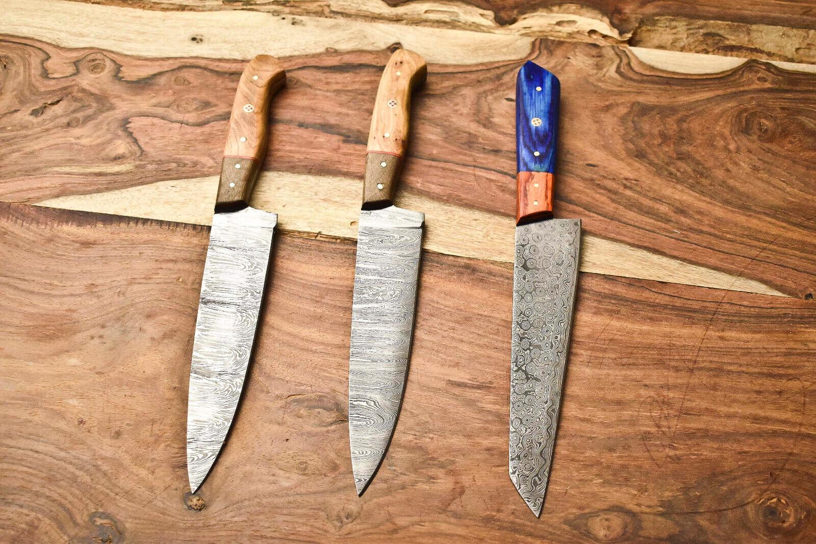 Lot of 3 Handmade Damascus Steel Full Tang Chef Knives – Cutlery Set