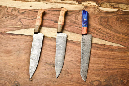 Lot of 3 Handmade Damascus Steel Full Tang Chef Knives – Cutlery Set