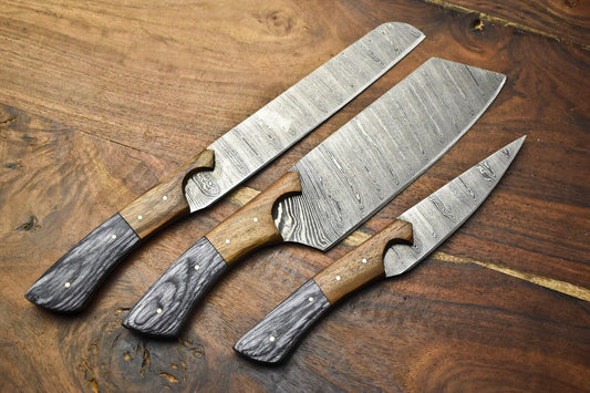 Lot of 3 Handmade Damascus Steel Full Tang Chef & Steak Knives