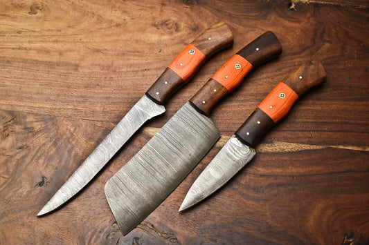 Lot of 3 PCS Custom Handmade Damascus Steel Blade Full Tang Chef Knife Set