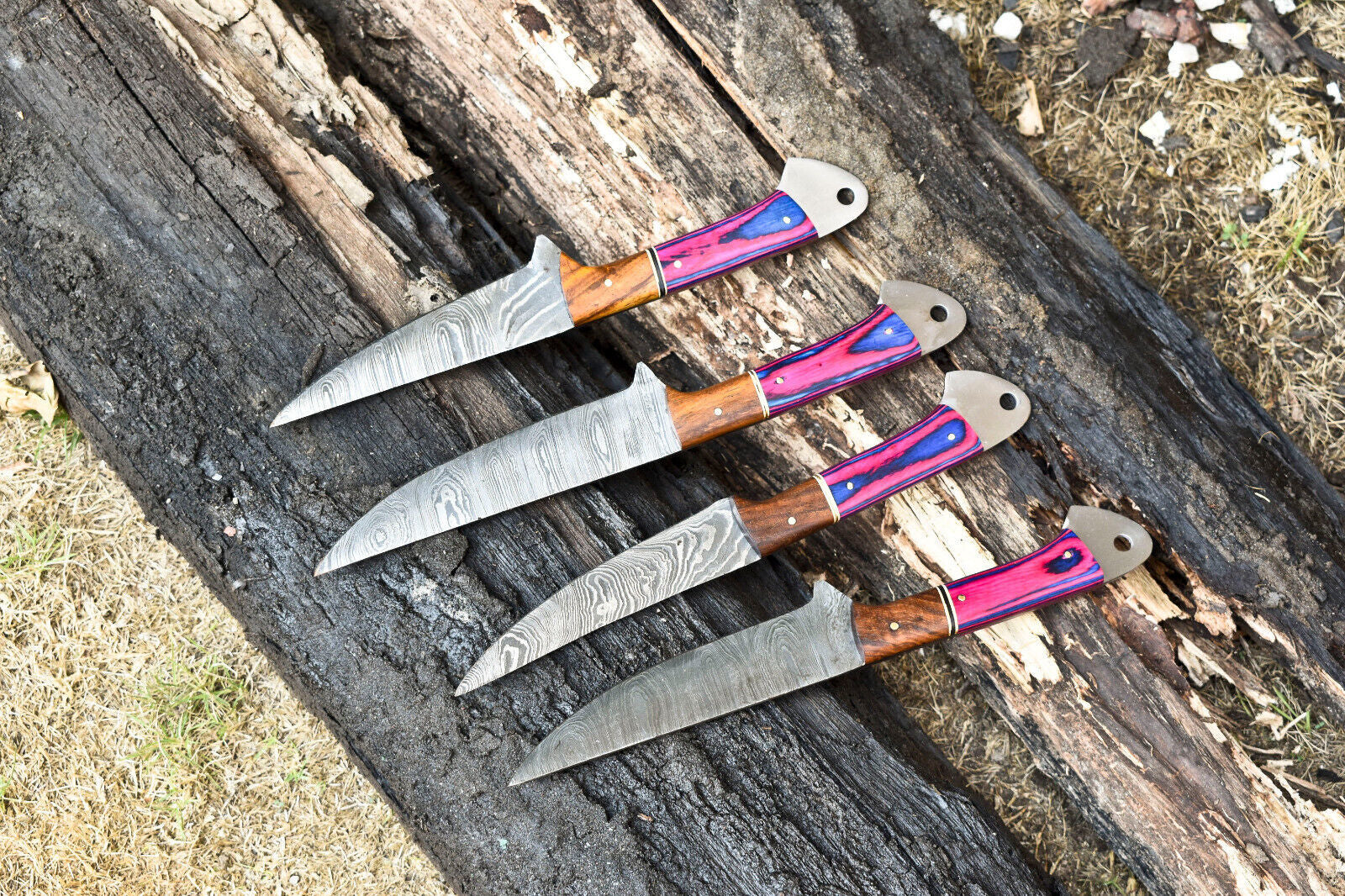 Lot of 4 Custom Handmade Damascus Steel Blade Full Tang Chef Knife Set – 100% Handmade
