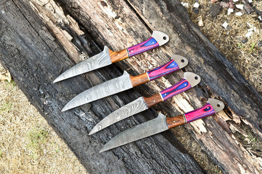 Lot of 4 Custom Handmade Damascus Steel Blade Full Tang Chef Knife Set – 100% Handmade