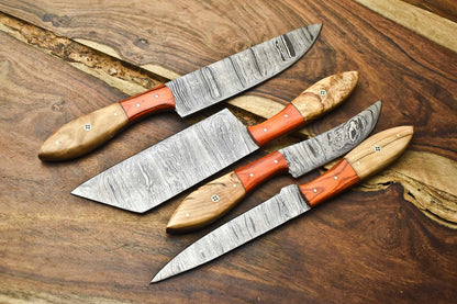 Lot of 4 Custom Handmade Damascus Steel Chef Knives – Professional Kitchen Knife Set