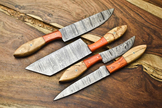 Lot of 4 Custom Handmade Damascus Steel Chef Knives – Professional Kitchen Knife Set