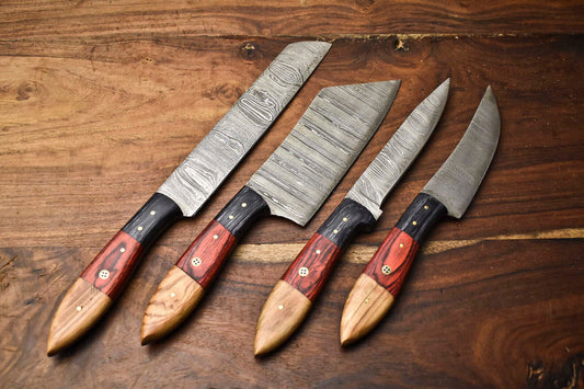 Lot of 4 Custom Handmade Damascus Steel Full Tang Chef Knife Set