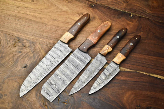 Lot of 4 Custom Handmade Damascus Steel Full Tang Chef Knives Set – 8" to 12" Razor Sharp Kitchen Blades