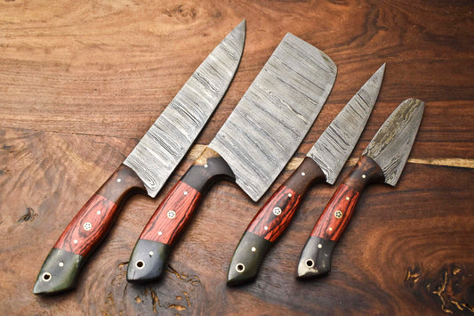 Lot of 4 Custom Handmade Hammered Damascus Steel Chef Knives – Professional Kitchen Knife Set